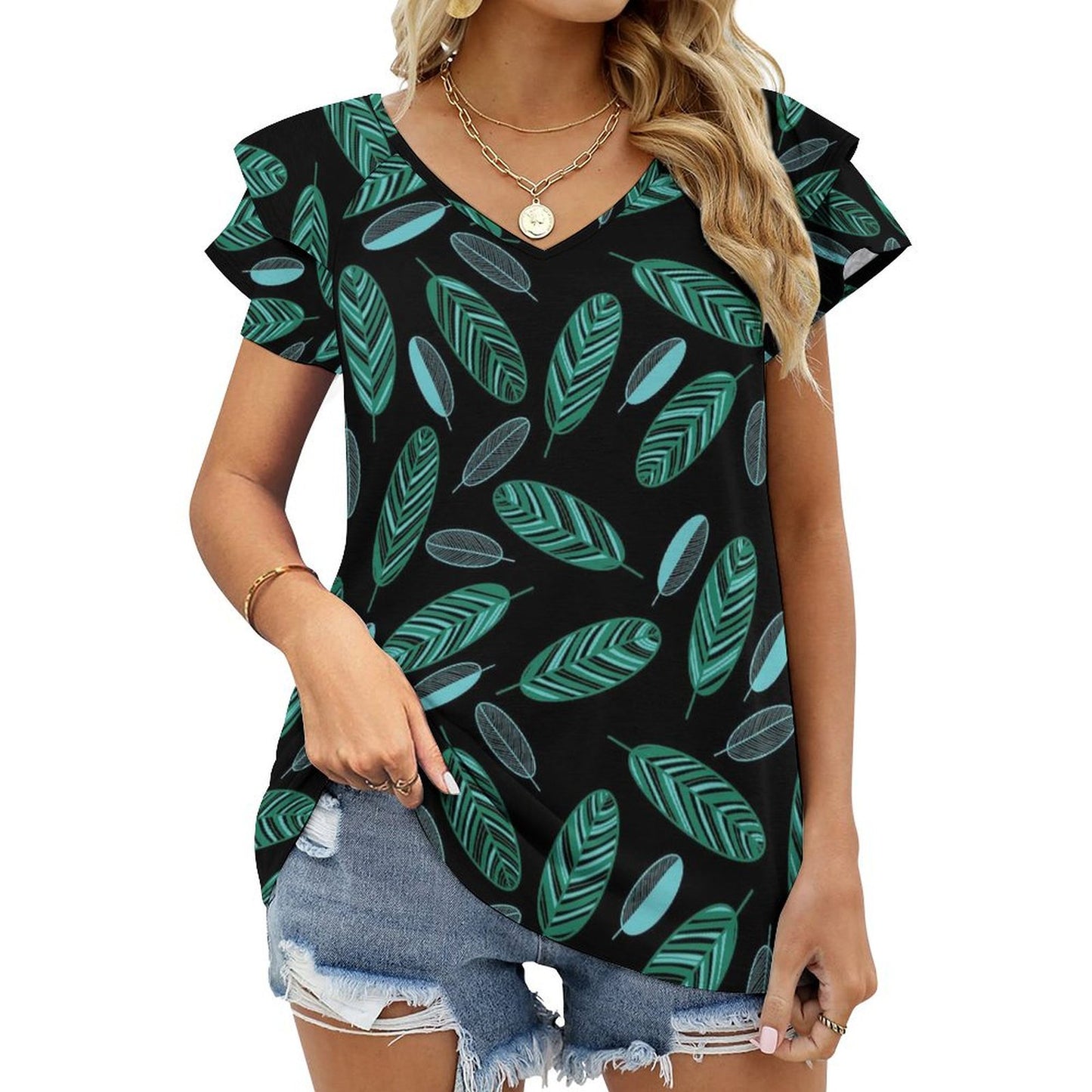 All-Over Print Women's Ruffle Short Sleeve V-Neck T-Shirt