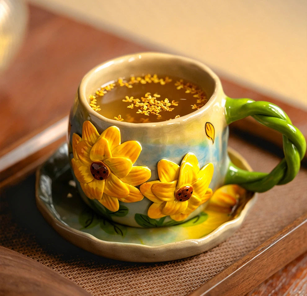 Handmade Sunflower Ceramic Mug & Saucer Set