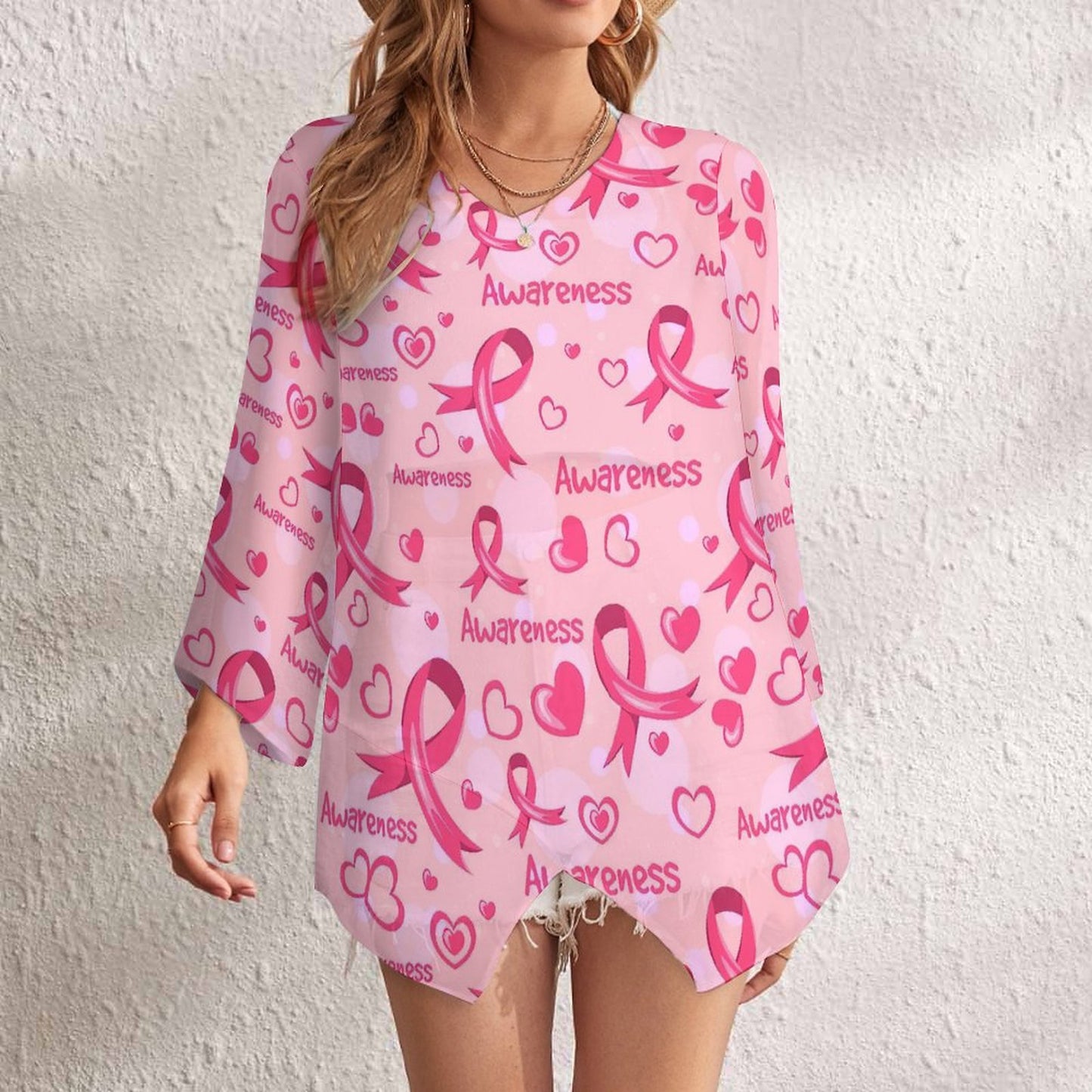 All-Over Print Women's Casual Loose Chiffon Long Sleeve Top