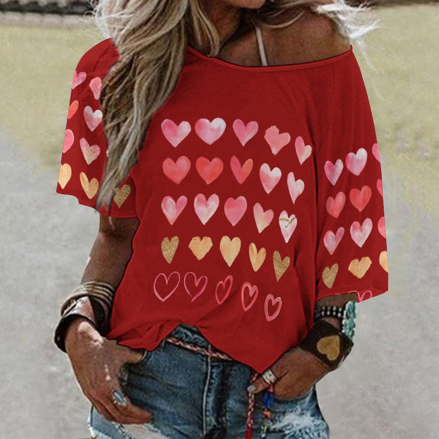 All-Over Print Women's Mid Sleeve Straight Neck T-shirt