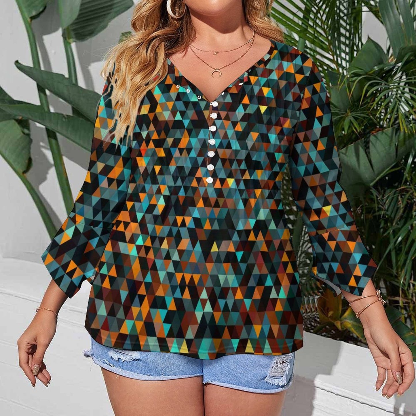 All-Over Print Women's Ruffled Petal Sleeve Top