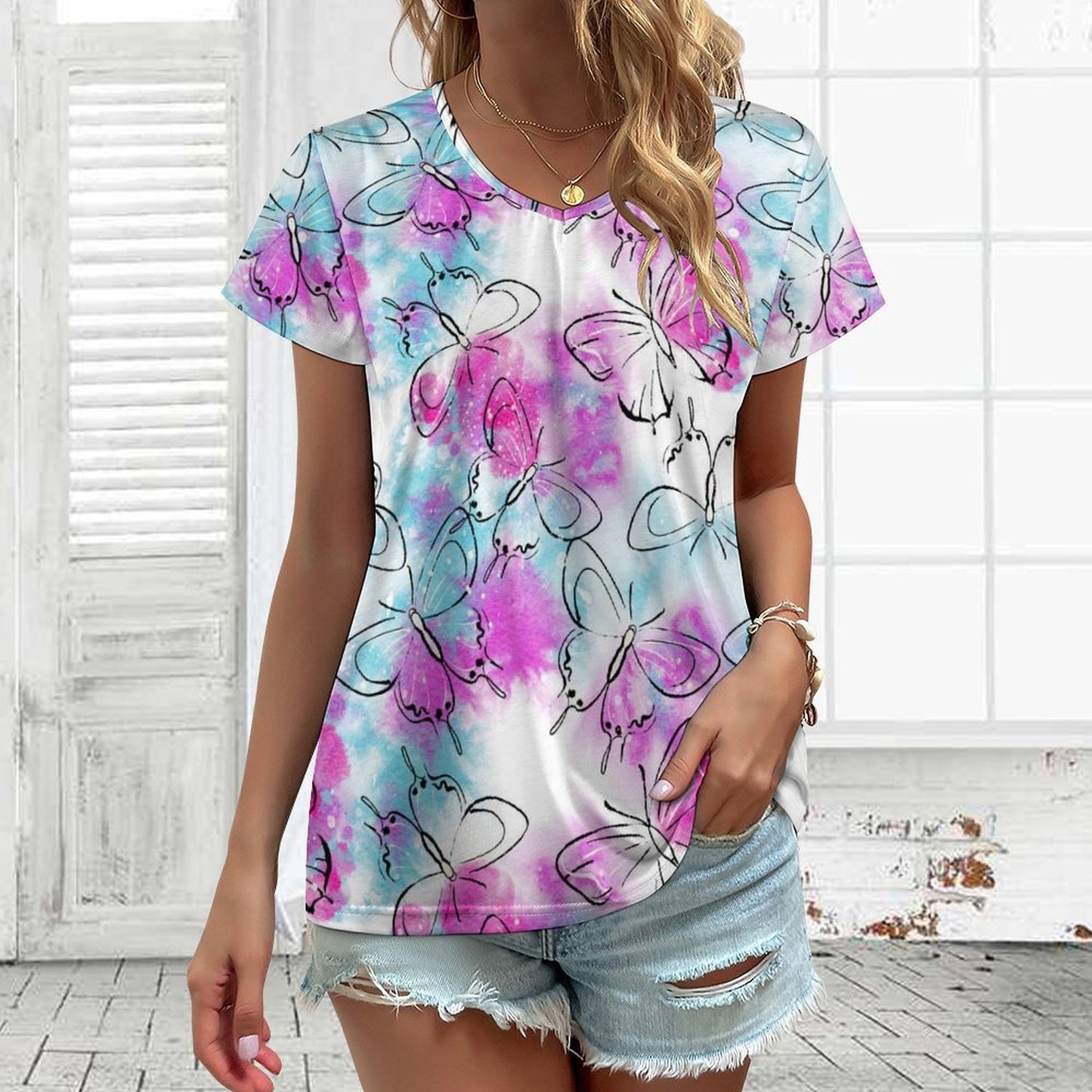 All-Over Print Women's V-neck Short Sleeve T-shirt