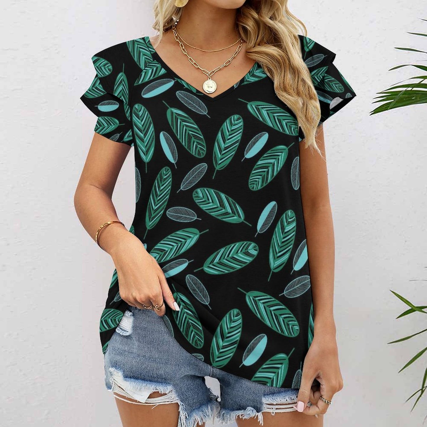 All-Over Print Women's Ruffle Short Sleeve V-Neck T-Shirt