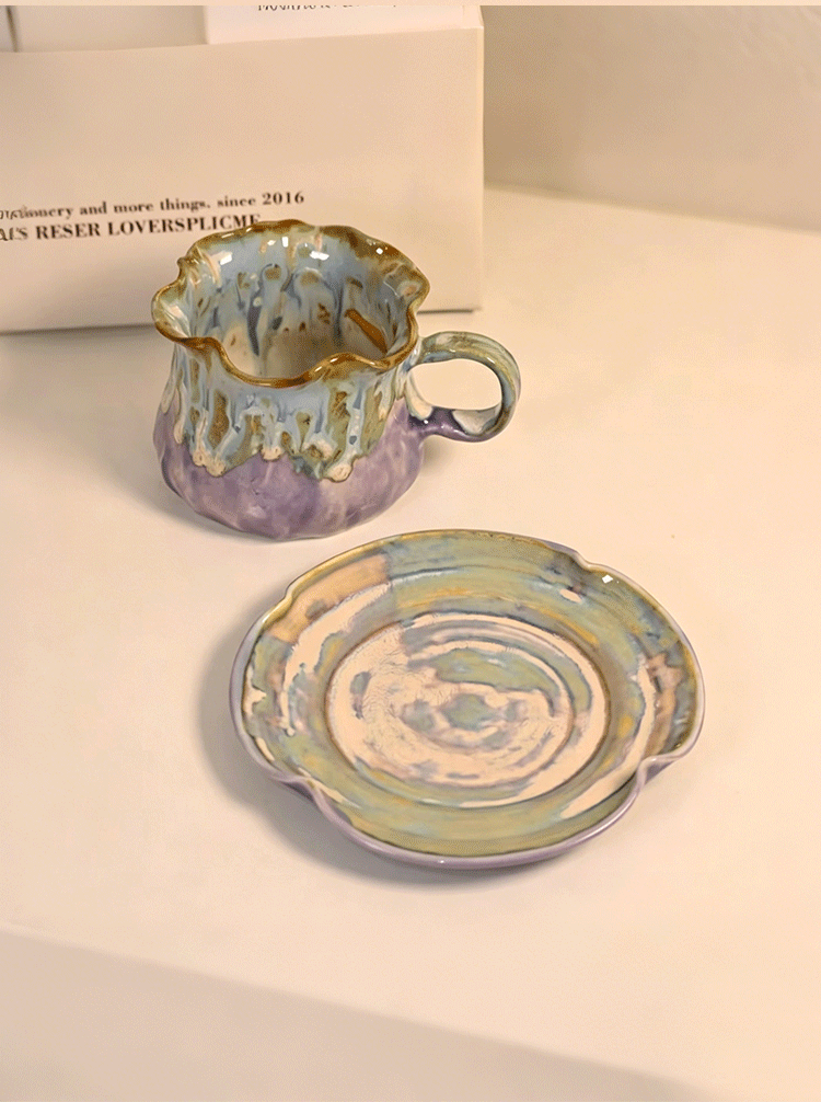 Jingdezhen Hand-Pinched Ruffle Mug & Saucer Set with Spoon