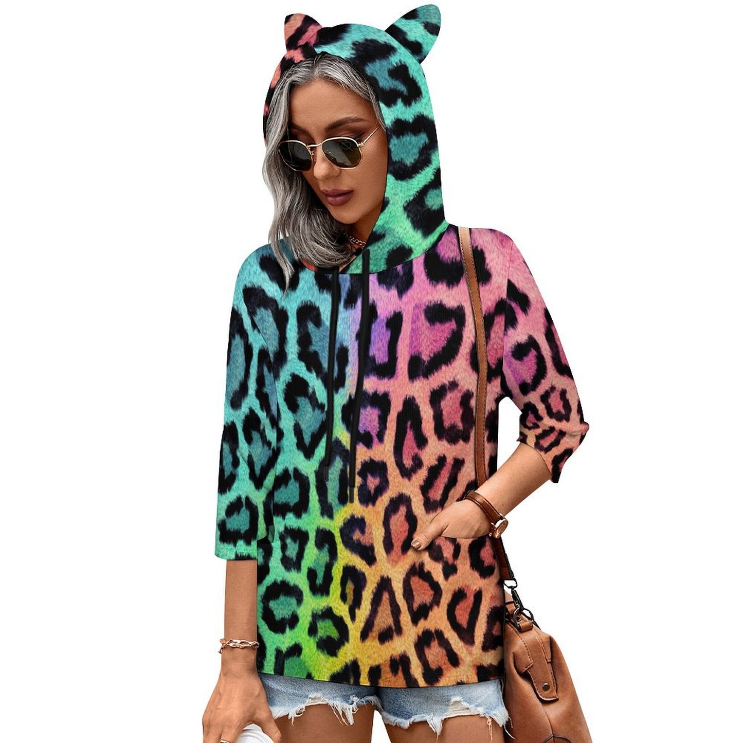 All-over Printed Hoodie Pullover Seven-quarter Sleeve Loose Sweatshirt