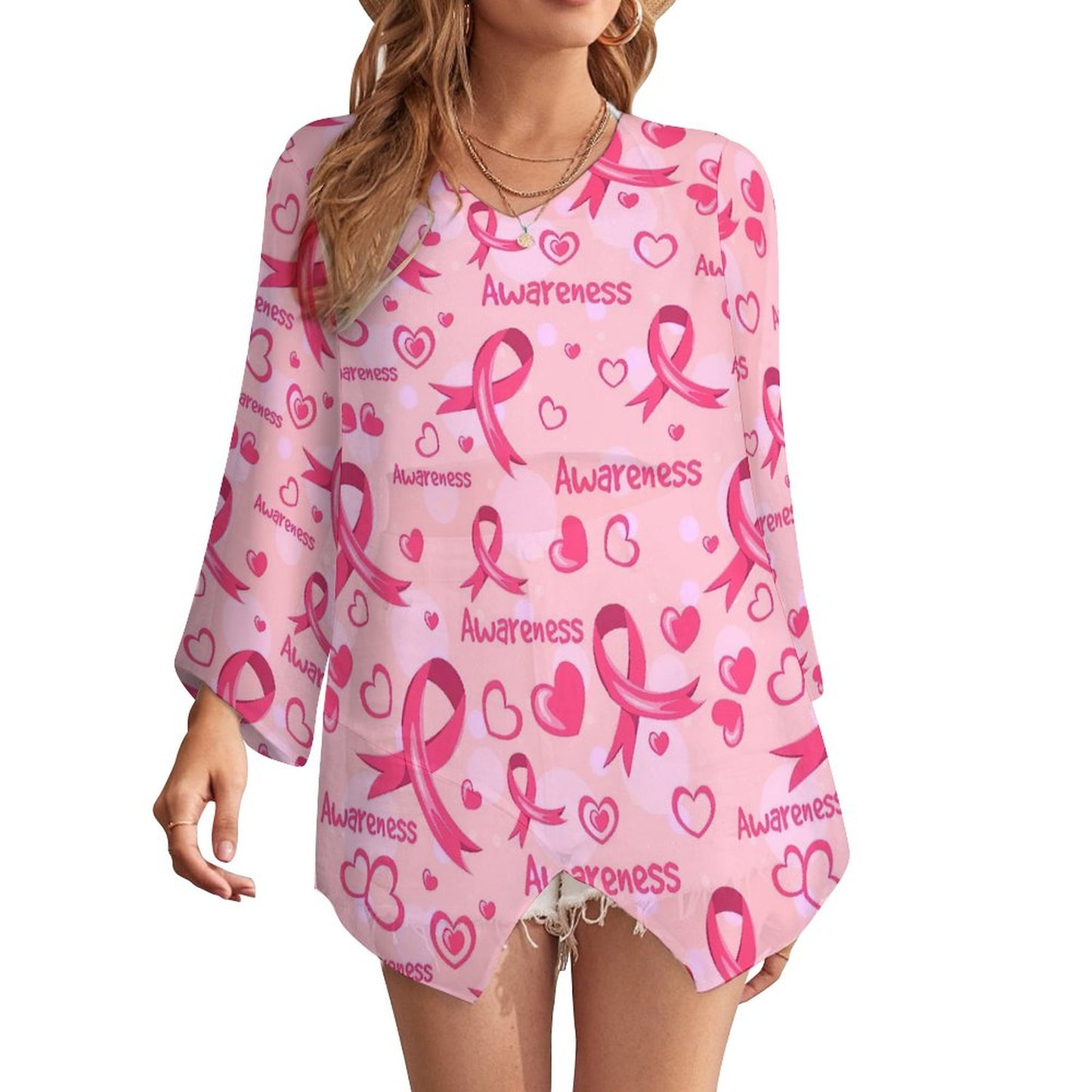 All-Over Print Women's Casual Loose Chiffon Long Sleeve Top