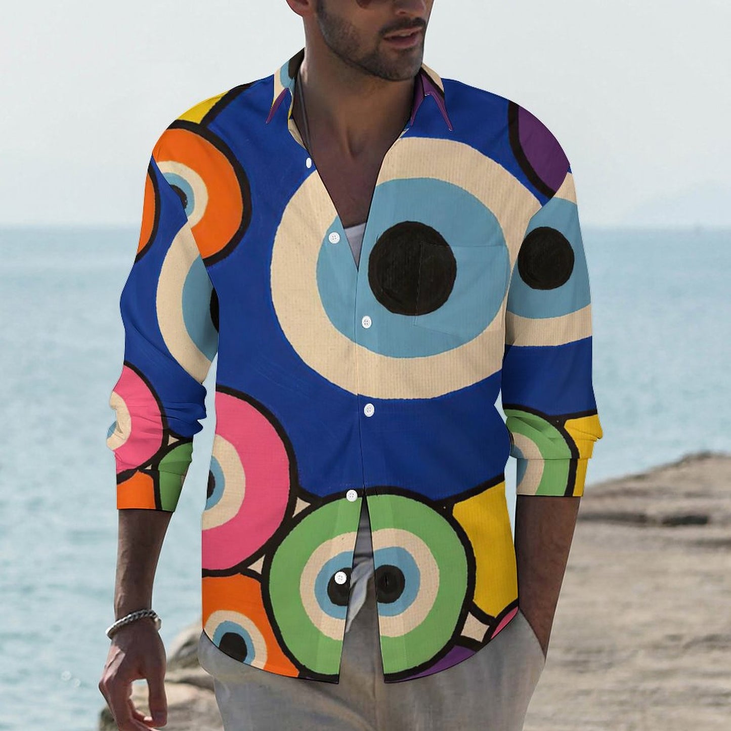 All-Over Print Lapel Pocket Long Sleeve Shirt