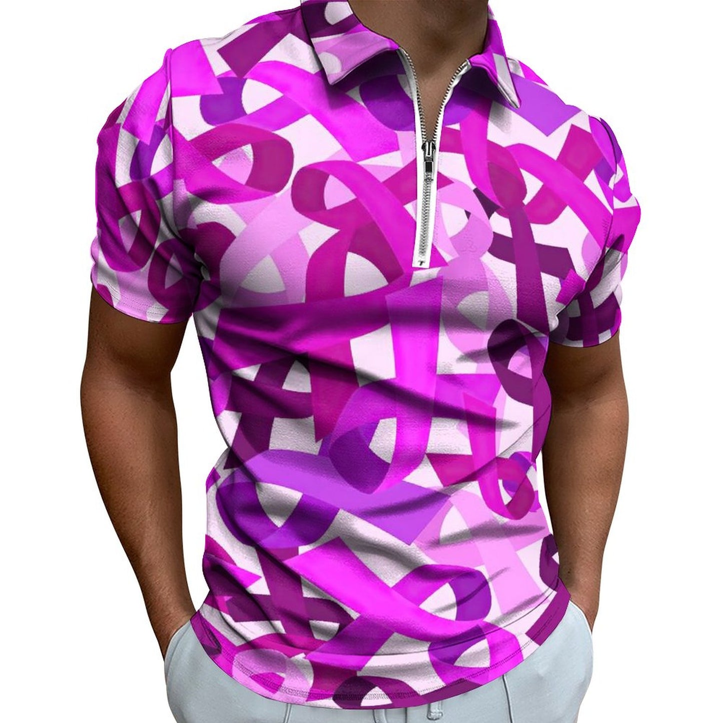 All-Over Print Zipper Short Sleeve Polo Shirt