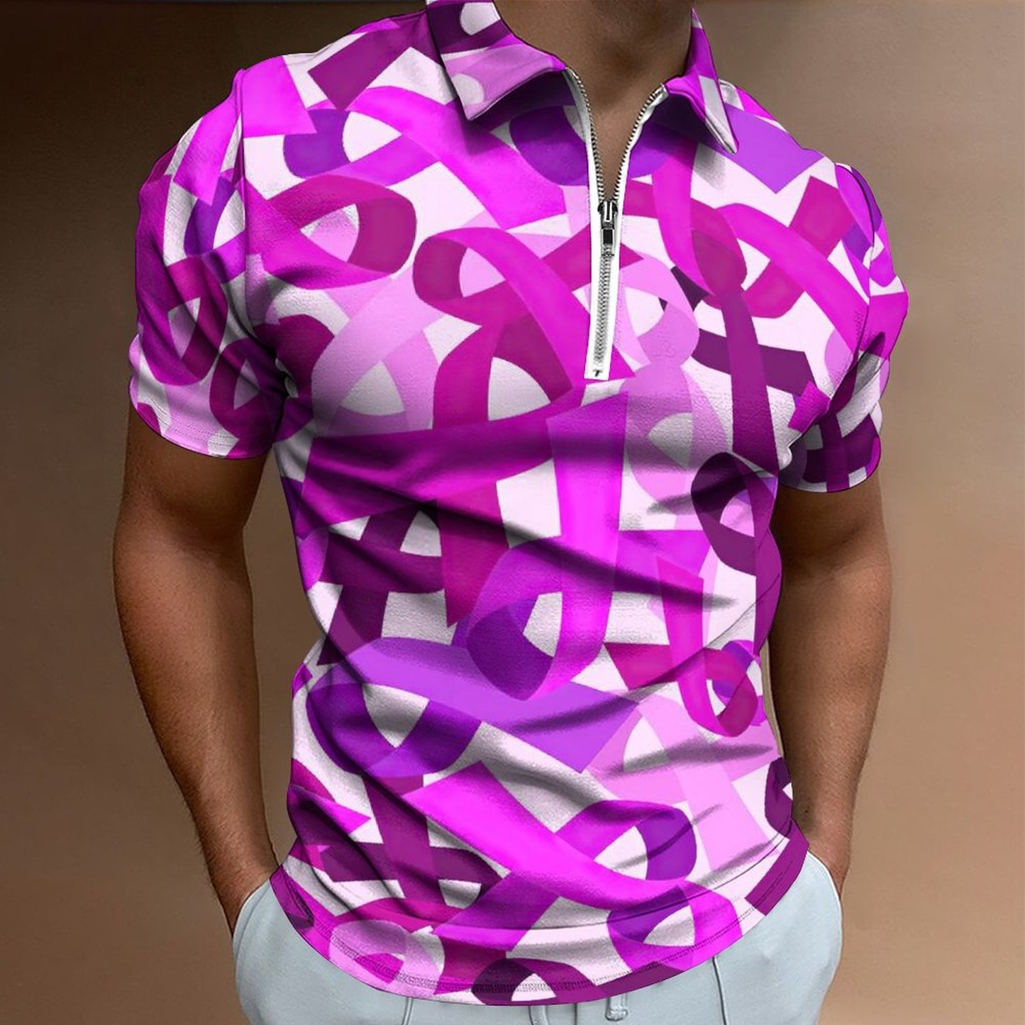 All-Over Print Zipper Short Sleeve Polo Shirt
