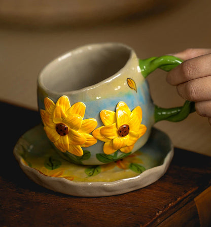 Handmade Sunflower Ceramic Mug & Saucer Set