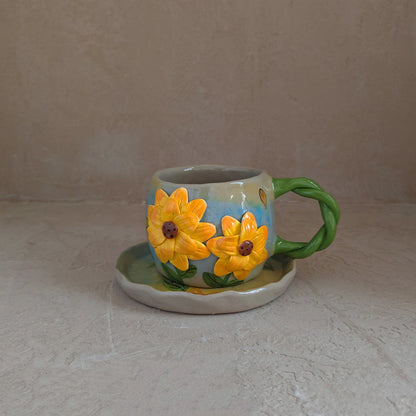 Handmade Sunflower Ceramic Mug & Saucer Set