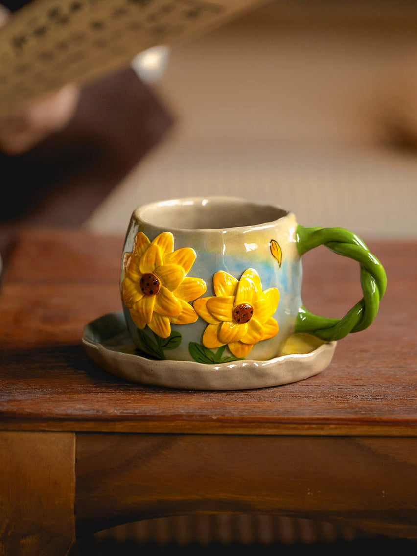 Handmade Sunflower Ceramic Mug & Saucer Set