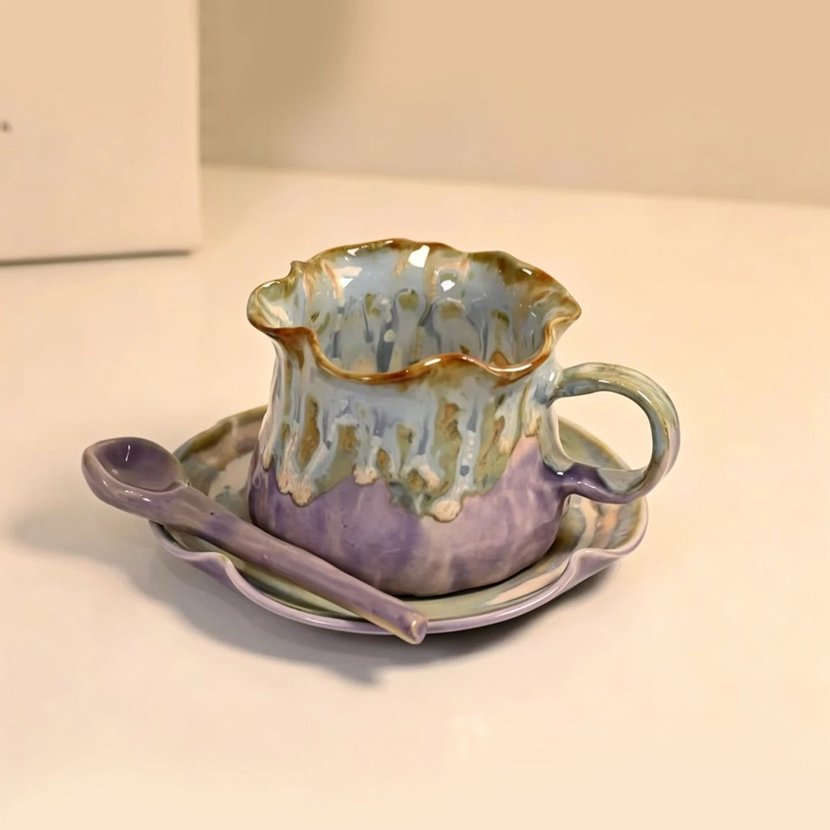 Jingdezhen Hand-Pinched Ruffle Mug & Saucer Set with Spoon