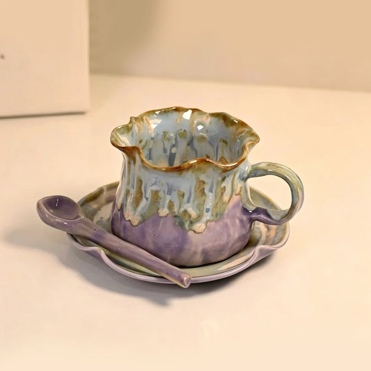 Jingdezhen Hand-Pinched Ruffle Mug & Saucer Set with Spoon