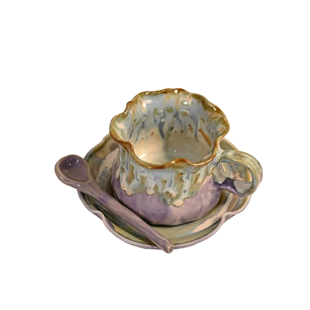 Jingdezhen Hand-Pinched Ruffle Mug & Saucer Set with Spoon