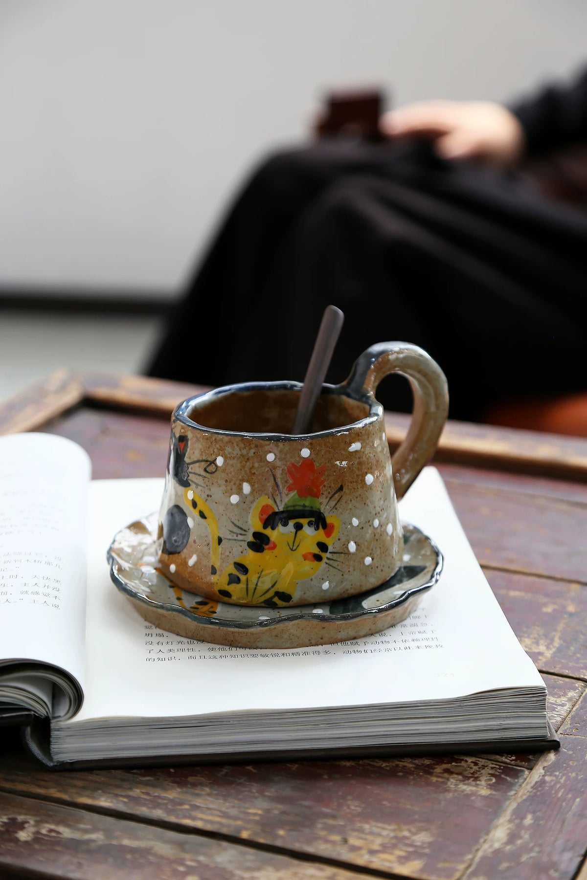 Hand-Painted Three Cats Ceramic Mug & Saucer, Clay Pinch Pottery