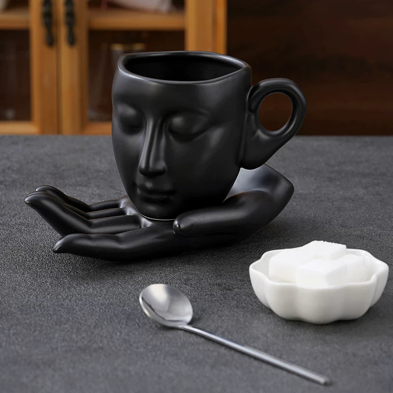Sculptural Face Mug with Hand Saucer, Vintage Art Coffee Cup