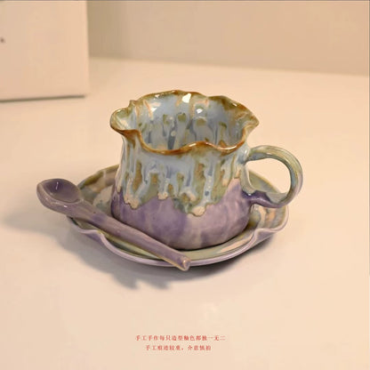 Jingdezhen Hand-Pinched Ruffle Mug & Saucer Set with Spoon