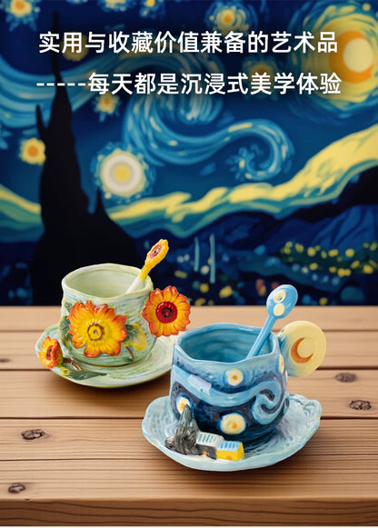 Van Gogh Starry Night Hand-Painted Ceramic Mug & Saucer Set