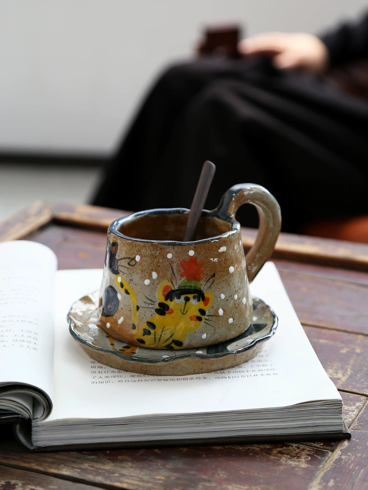 Hand-Painted Three Cats Ceramic Mug & Saucer, Clay Pinch Pottery