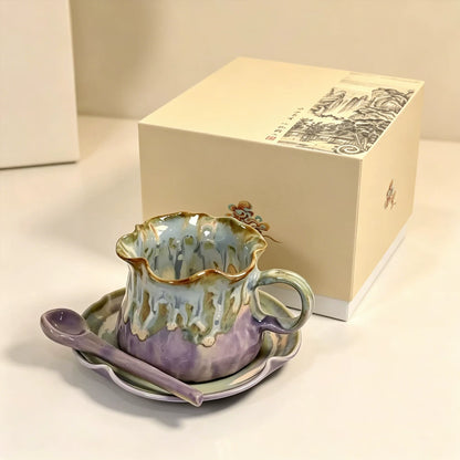 Jingdezhen Hand-Pinched Ruffle Mug & Saucer Set with Spoon