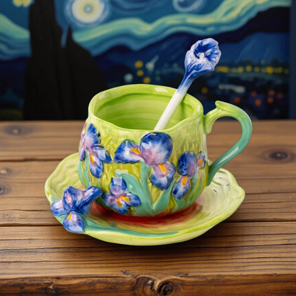 Van Gogh Starry Night Hand-Painted Ceramic Mug & Saucer Set