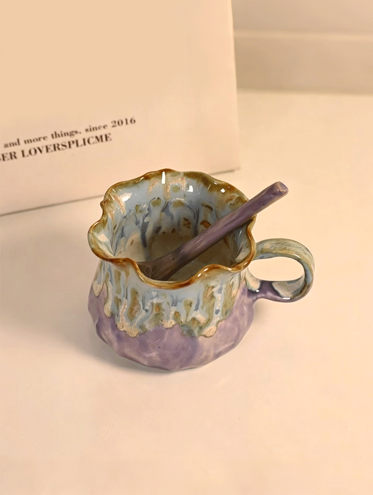 Jingdezhen Hand-Pinched Ruffle Mug & Saucer Set with Spoon