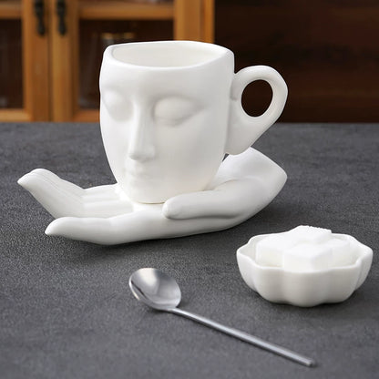 Sculptural Face Mug with Hand Saucer, Vintage Art Coffee Cup