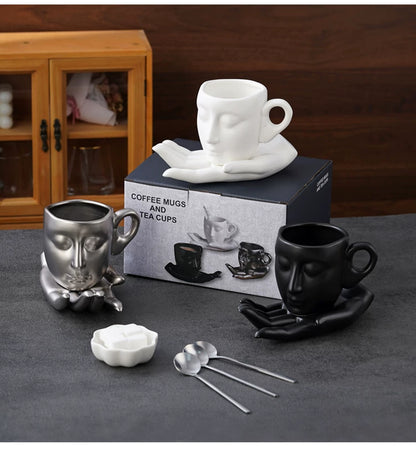 Sculptural Face Mug with Hand Saucer, Vintage Art Coffee Cup