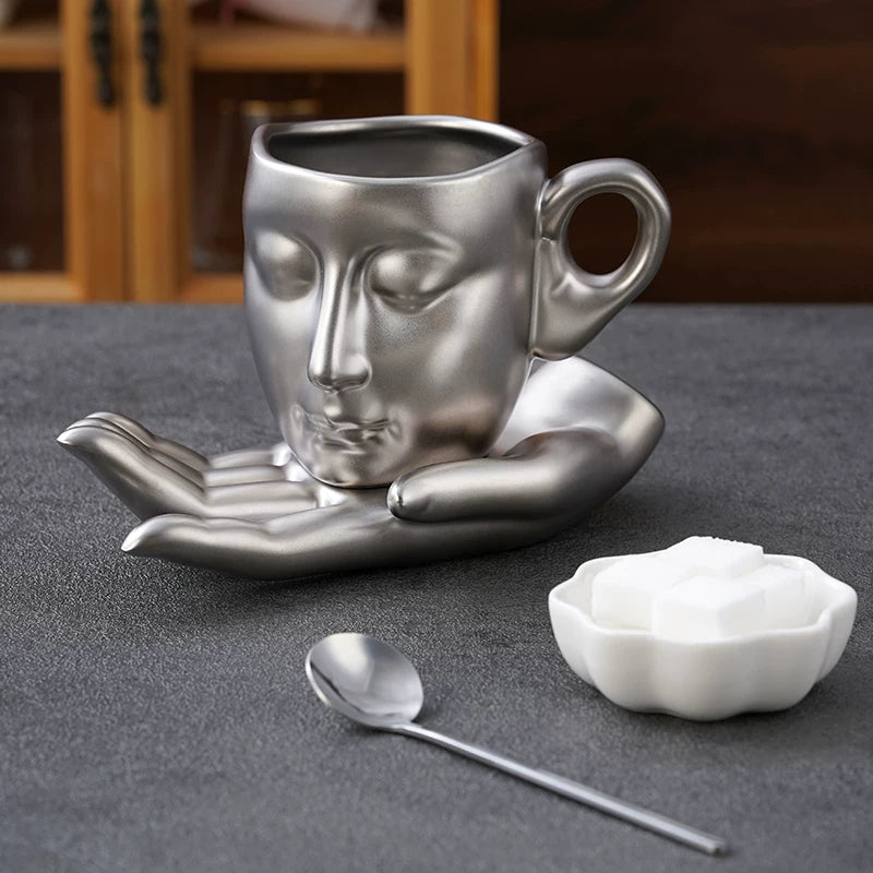 Sculptural Face Mug with Hand Saucer, Vintage Art Coffee Cup