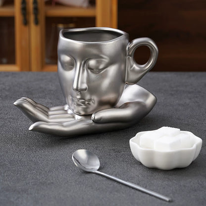 Sculptural Face Mug with Hand Saucer, Vintage Art Coffee Cup