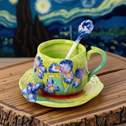 Van Gogh Starry Night Hand-Painted Ceramic Mug & Saucer Set