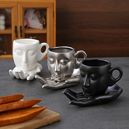 Sculptural Face Mug with Hand Saucer, Vintage Art Coffee Cup