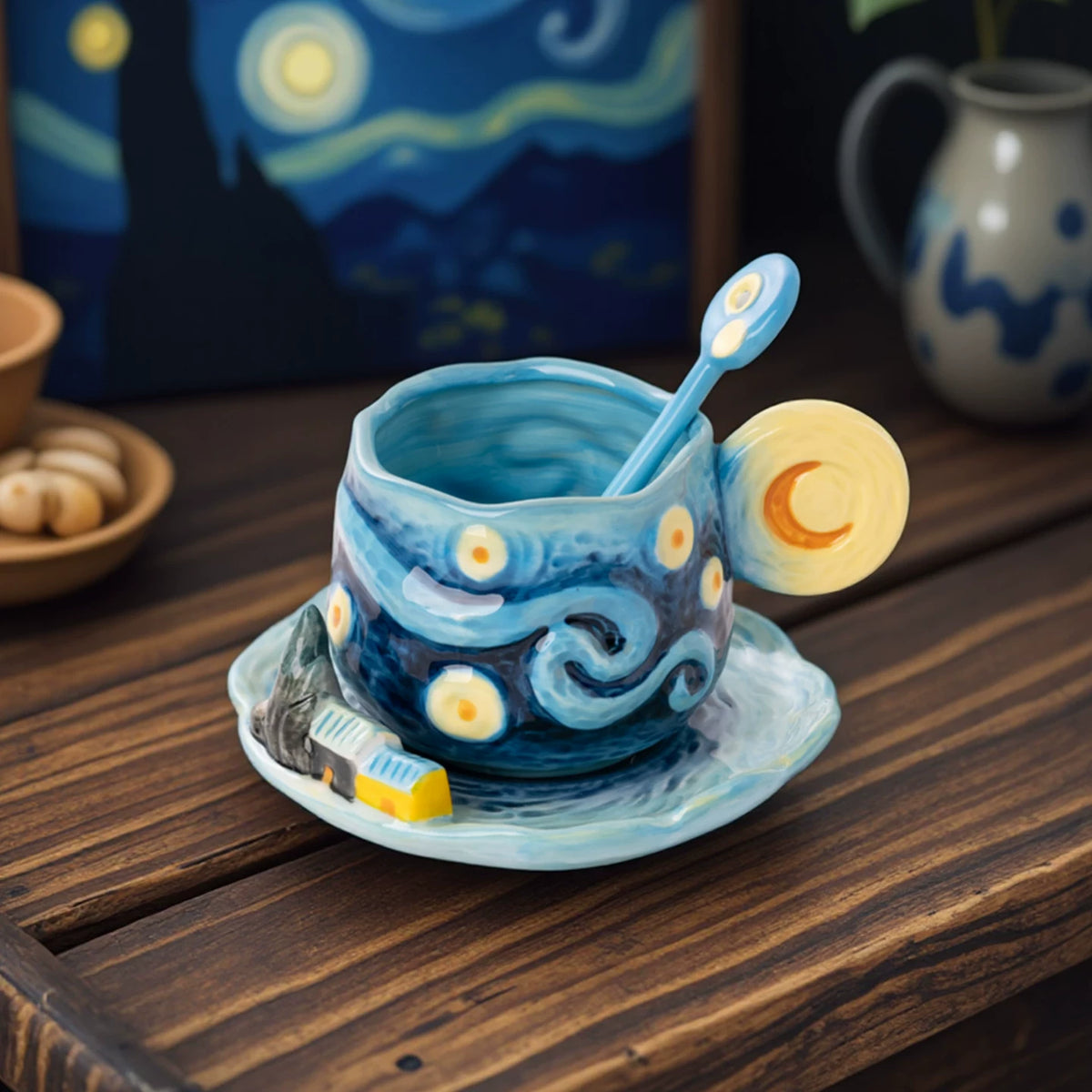 Van Gogh Starry Night Hand-Painted Ceramic Mug & Saucer Set