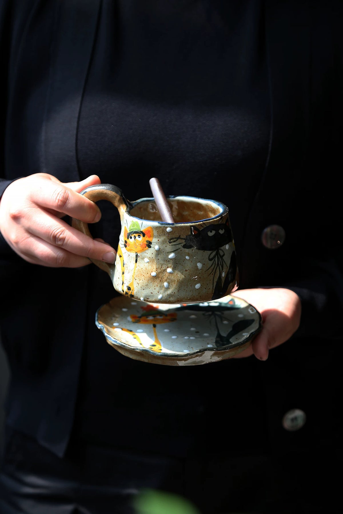 Hand-Painted Three Cats Ceramic Mug & Saucer, Clay Pinch Pottery