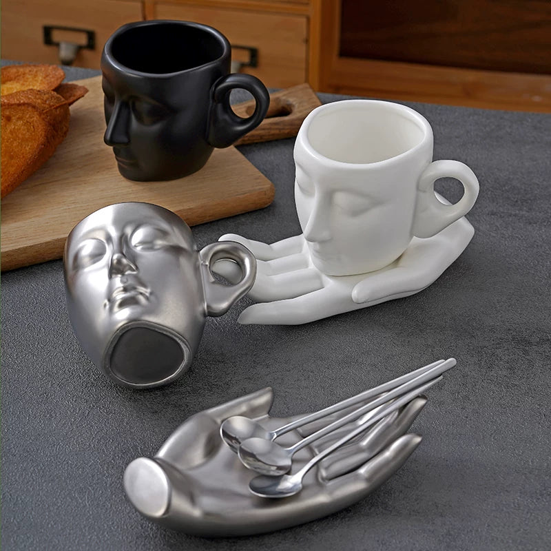 Sculptural Face Mug with Hand Saucer, Vintage Art Coffee Cup