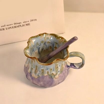 Jingdezhen Hand-Pinched Ruffle Mug & Saucer Set with Spoon