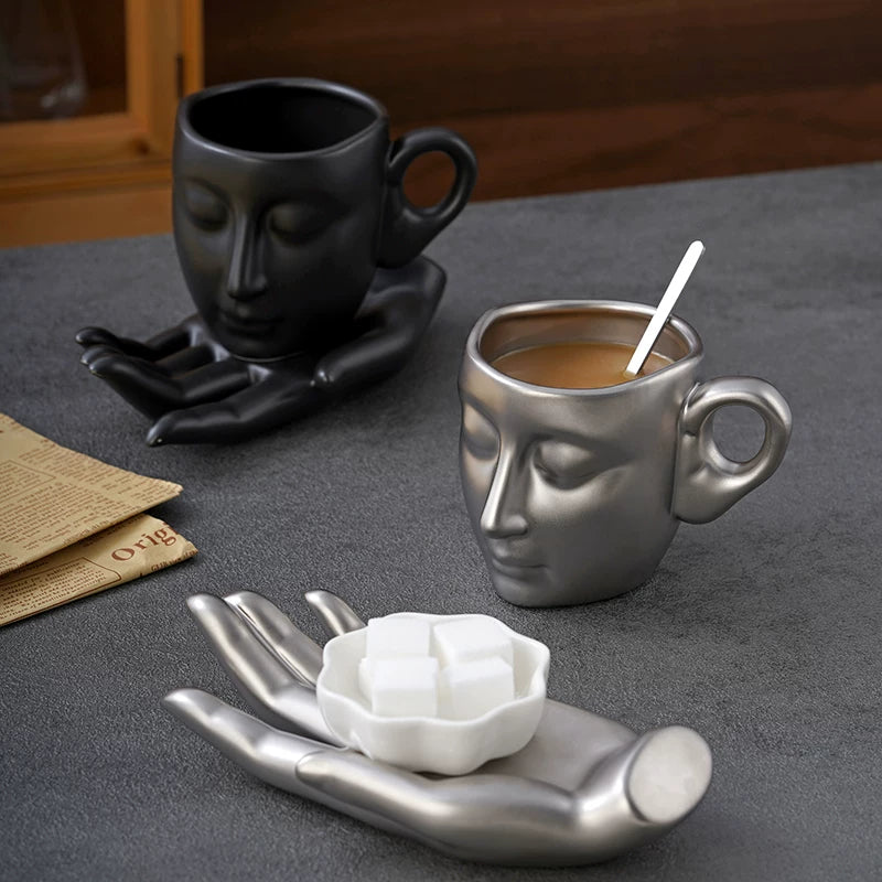 Sculptural Face Mug with Hand Saucer, Vintage Art Coffee Cup