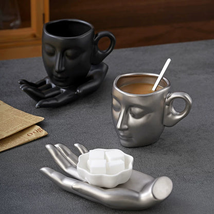 Sculptural Face Mug with Hand Saucer, Vintage Art Coffee Cup