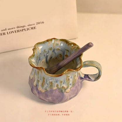 Jingdezhen Hand-Pinched Ruffle Mug & Saucer Set with Spoon