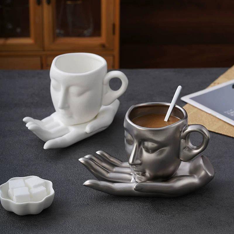 Sculptural Face Mug with Hand Saucer, Vintage Art Coffee Cup