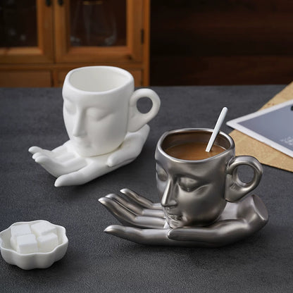 Sculptural Face Mug with Hand Saucer, Vintage Art Coffee Cup