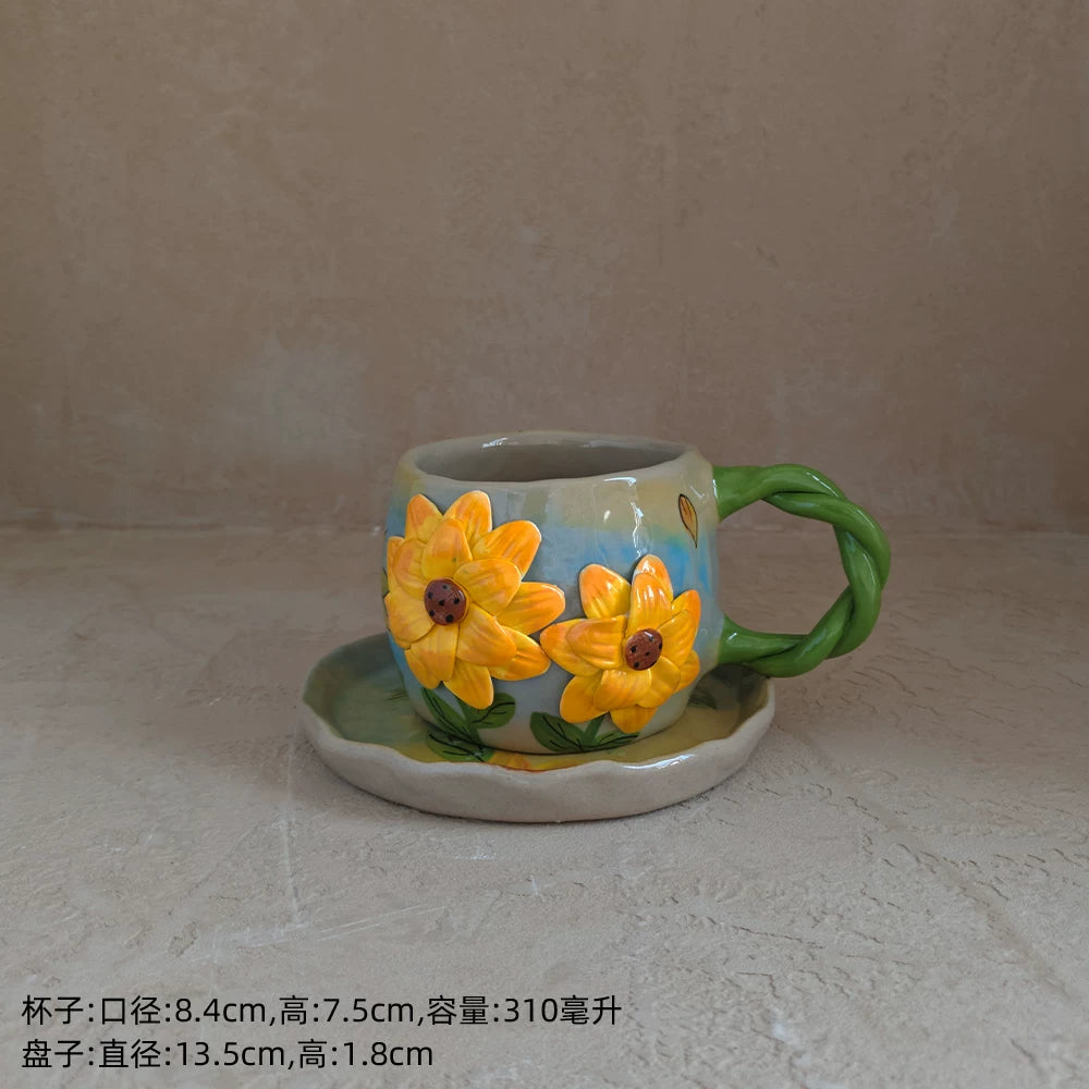 Handmade Sunflower Ceramic Mug & Saucer Set