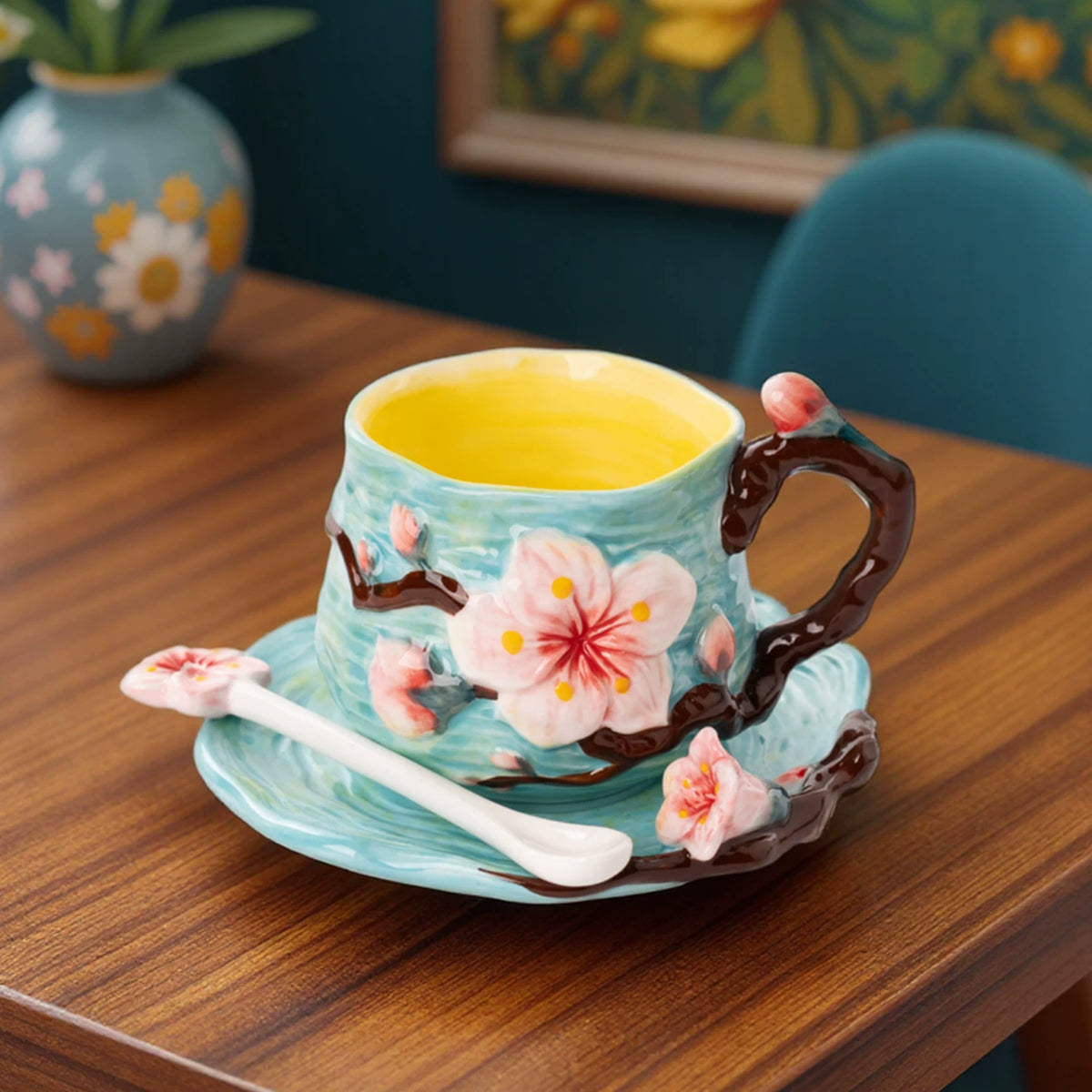 Van Gogh Starry Night Hand-Painted Ceramic Mug & Saucer Set