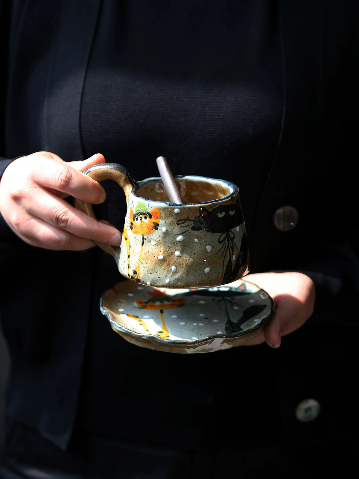 Hand-Painted Three Cats Ceramic Mug & Saucer, Clay Pinch Pottery
