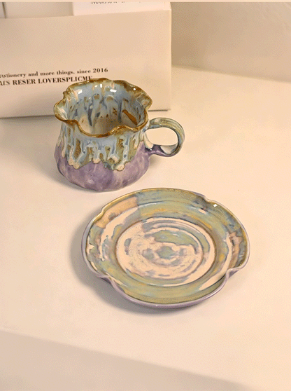 Jingdezhen Hand-Pinched Ruffle Mug & Saucer Set with Spoon