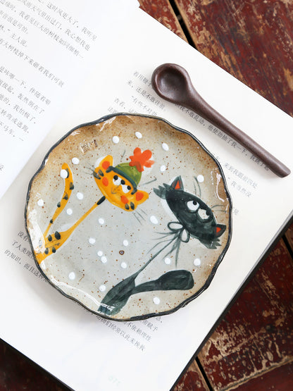 Hand-Painted Three Cats Ceramic Mug & Saucer, Clay Pinch Pottery