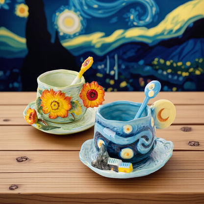 Van Gogh Starry Night Hand-Painted Ceramic Mug & Saucer Set