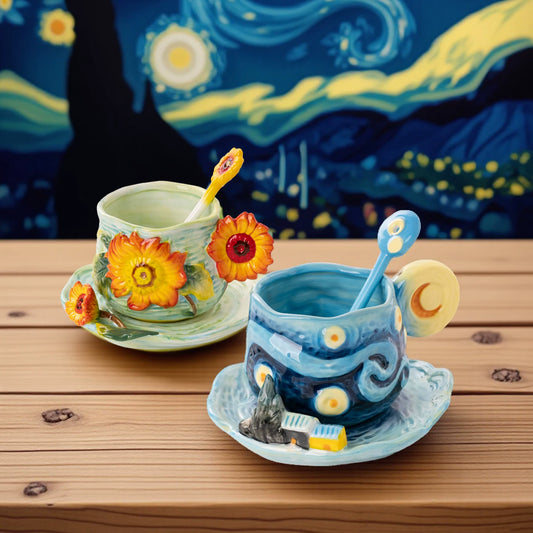 Van Gogh Starry Night Hand-Painted Ceramic Mug & Saucer Set