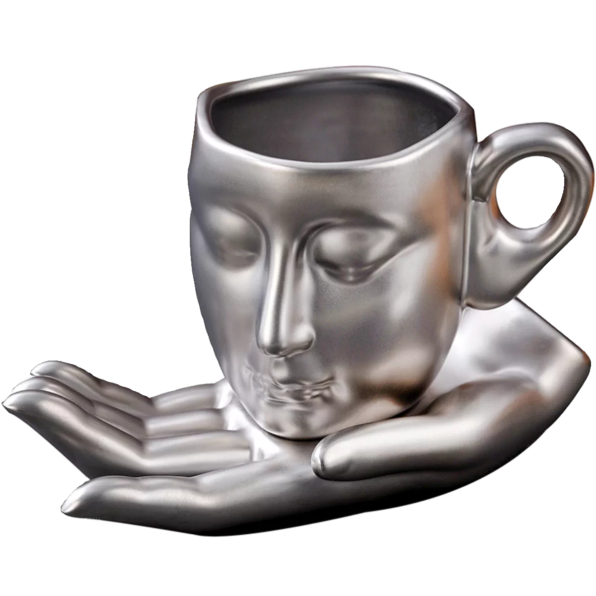 Sculptural Face Mug with Hand Saucer, Vintage Art Coffee Cup